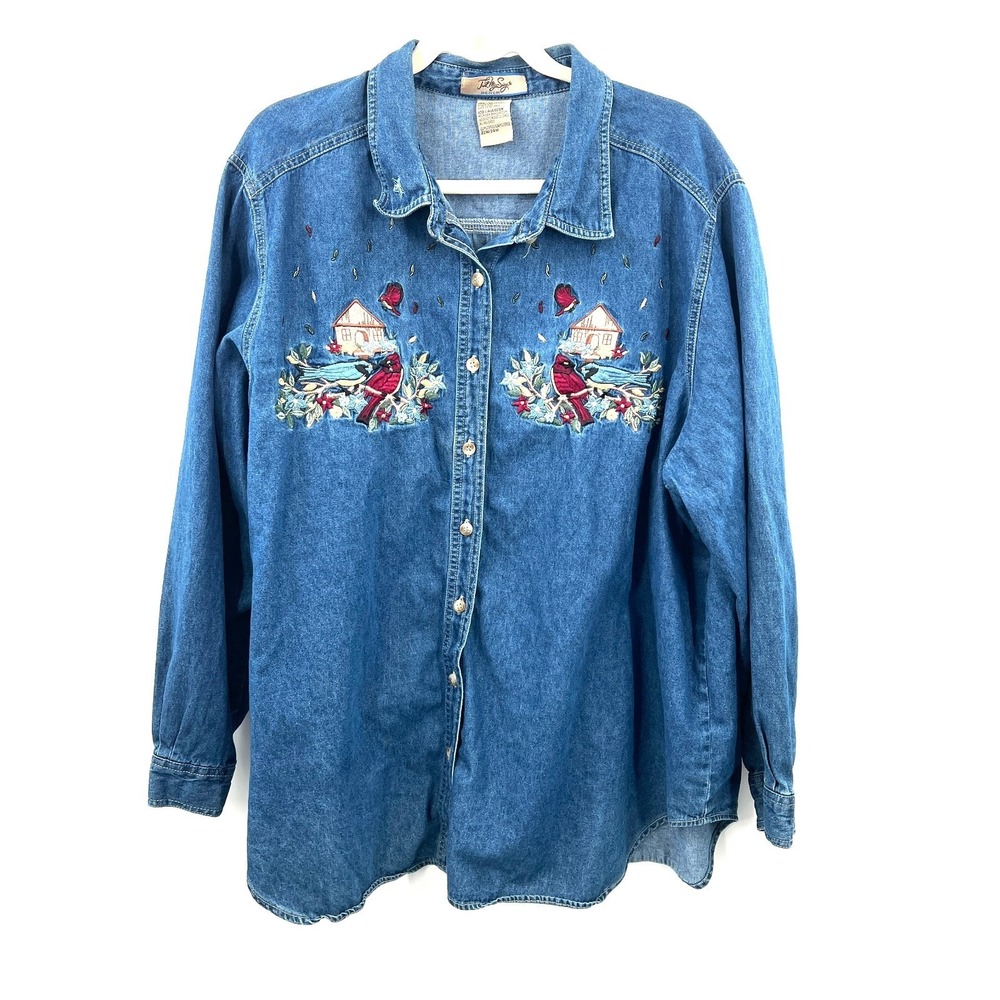 Vintage grandmacore cottagecore Dark Denim Button Shirt Bird Embroidery 24